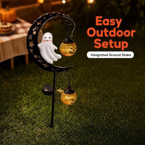 Halloween Solar Garden Stake Light Crescent Moon Cute Ghost - Image 4