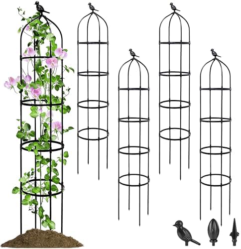 4 Pack Garden Obelisk Trellis for Climbing Plants Outdoor, 6FT Adjustable Metal Plant Support with 3 Decorative Tops, Black Rustproof Trellis for Roses, Tomatoes, Clematis & Vines by SORANGEUN