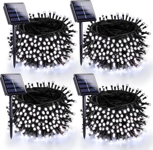 4 Pack 180FT Solar Christmas Lights Outdoor Waterproof, Super Bright 320 LED Solar String Lights with 8 Lighting Modes, Green Wire Solar Twinkle Fairy Lights for Outside Tree Xmas Party(Cool White) by SANJICHA