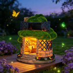 COWOS Solar Powered Fairy House Garden Statue, Resin Miniature Moss Stone Cottage with LED Lights, Outdoor Fairy Garden Figurine Ornament for Patio Yard Lawn Flower Bed Decor, Gift for Garden Lovers - Image 6