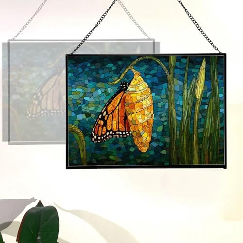 Butterfly Emerging from Chrysalis Rectangular Stained Glass Suncatcher – Hanging Window Panel with Animal & Nature Scene – Vibrant Glass Art Gift for Wildlife, Fantasy, Nature Lovers XGNTPJ - Image 3