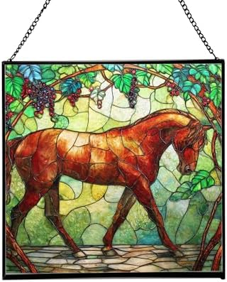 Chestnut Trakehner Horse Walking Beneath Vineyard Canopy Square Suncatcher – Stained Glass Style Window Panel with Pastoral Scene, Custom Decorative Hanging Art for Equestrian Home, Christmas Wq9NnE by Custom