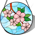 Stained Glass Suncatcher Pink Cherry Blossom Window Hanging Floral Art Glass Home Decor Gift for Mom Grandma Wife Spring Garden Wall Ornament Indoor Decor Accent 9.8 Inch by Unknown