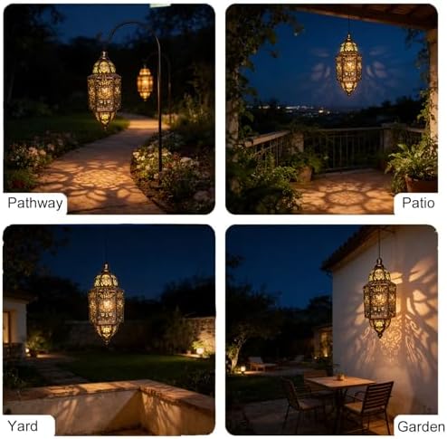 Hanging Solar Lantern Outdoor Decor, Moroccan Solar Lights for Outside Garden Decorations, Waterproof Metal LED Lanterns Garden Gifts for Mom, Women, Patio, Yard, Mother's Day（Cuboid-1 Pack） - Image 5