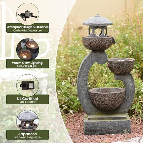 Tankana 35.5" H Water Fountain Outdoor Garden 3-Tier Cascading Bowl Japanese Fountain Waterfall with LED Light Japanese Garden Style for Patio Yard Balcony Zen Home Decor, Bronze Finish - Image 6