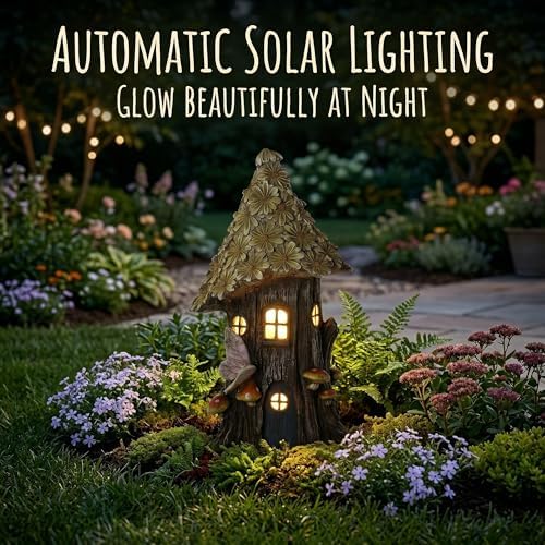 Topadorn Solar Fairy House Garden Statue, 12" Resin Cottage with LED Light - Image 4