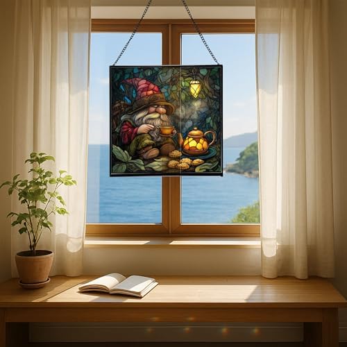 Gnome Tea Time Stained Glass Suncatcher – Square Hanging Window Panel for Home or Greenhouse – Whimsical Glass Art Gift for Garden Lovers, Christmas, Halloween, Father Days NlL056 - Image 6