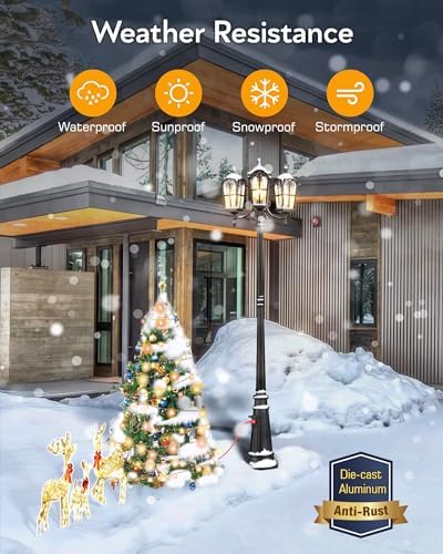 VIANIS 3-Head Outdoor Lamp Post Light Fixture with Outlet, Black Dusk Dawn Lamp Posts Outdoor Lighting, Waterproof Anti-Rust Aluminum with Tempered Glass, Street Light for Garden, Patio, Driveway - Image 6