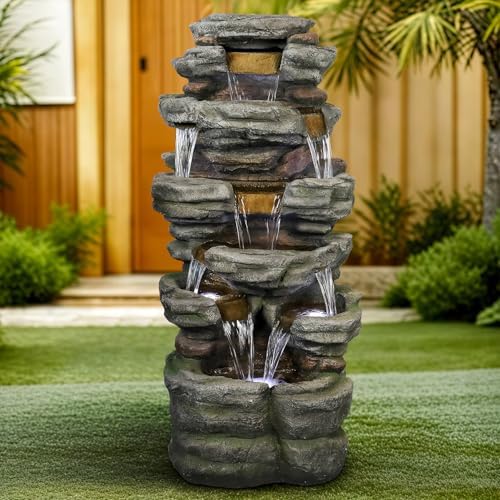 SunJet 47.2" High Cascading Rock Outdoor Water Fountain with LED Lights - Large Outdoor Resin Fountains and Waterfalls for Garden or Patio, Yard, and Deck Decor, Featuring Natural Stone Look - Image 3