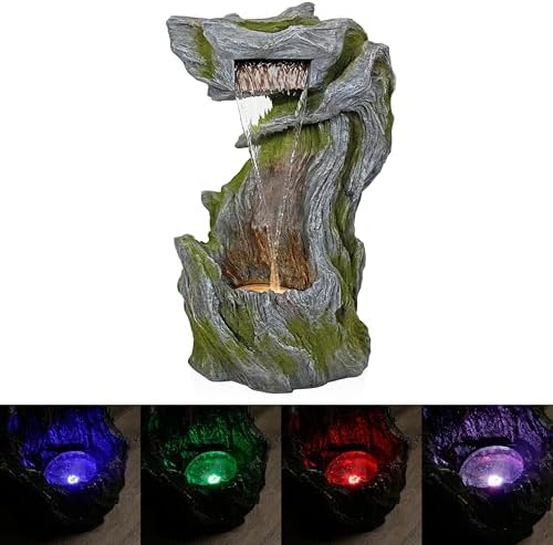 Alpine Corporation WIN1628 32" Outdoor Tree Bark Water Fountain with Color-Changing LED Lights, Cascading Waterfall Garden Fountain for Backyard, Patio & Outdoor Décor, Gray by Unknown