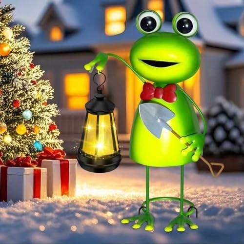 Solar Garden Lights 13.78in Tall Metal Frog Statue with Solar Lantern Decor - Image 2