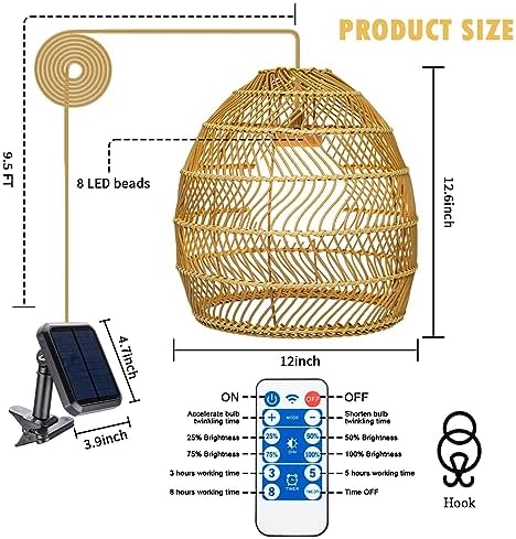 Solar Pendant Lights Outdoor, 12 Inch Rattan Solar Lantern with Remote - Image 3