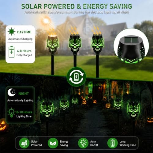 8 Pack Solar Halloween Lights Outdoor, Flickering Flame Skull Torches, Waterproof Purple Solar Lights for Yard, Spooky Skull Pathway Lights for Halloween Outdoor Decorations (Green) - Image 4
