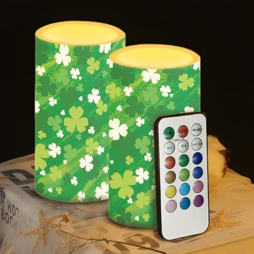 Painting Shamrocks Flameless Candles with Remote Battery Operated Candles with Timer St Patrick's Day Flickering LED Battery Operated Elictric Pillar Tealights for Patio Porch - Image 5