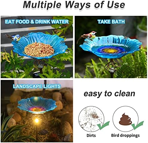 Homight Solar Glass Blue Bird Bath Garden Outdoor Birdbath with Metal Stake - Image 3