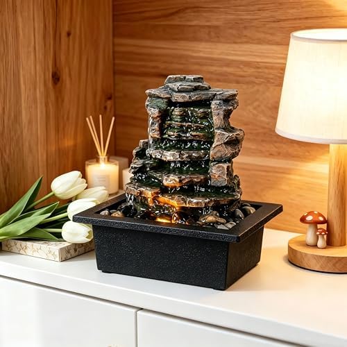 GOSSI Meditation Waterfall Fountain with LED Lights, Indoor Tabletop Water Fountain Decorated with Natural River Rocks, Office & Home Relaxation Decor, Christmas Decoration - Image 2