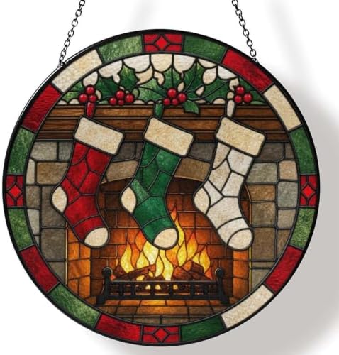 Christmas Fireplace Stockings Stained Glass Suncatcher 9.8" Colorful Window Hanging Ornament, Retro Sun Catcher Decor with Chain for Home Wall Garden Birthday Christmas Mothers Day by FeHuew
