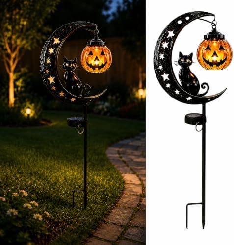 Halloween Black Cat & Pumpkin Moon Solar Garden Stake Light by Shilkare