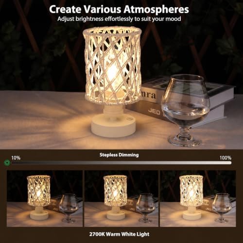 Cordless Outdoor Table Lamps, Small Rattan Boho, Rechargeable Battery Operated for Outdoor Patio, Home, Living Room, Bedroom, Bedside - Set of 2 (Ivory) - Image 5
