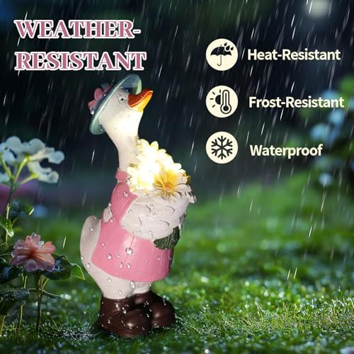 Solar Porch Goose Garden Statue with Glowing Flower, 11.5" Solar Duck Garden Decor for Outdoor, Waterproof Animal Figurine with Auto Light for Yard Lawn Patio - Unique Gift for Mom Grandma Women - Image 4