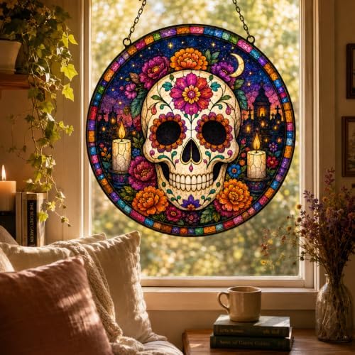 Day of the Dead Stained Glass Window Hanging, Colorful Sugar Skull Suncatcher with Floral, Mexico Gothic Skeleton Decor, Halloween Spooky Window Art, Dia de Los Muertos Home Decoration 11.81" - Image 5