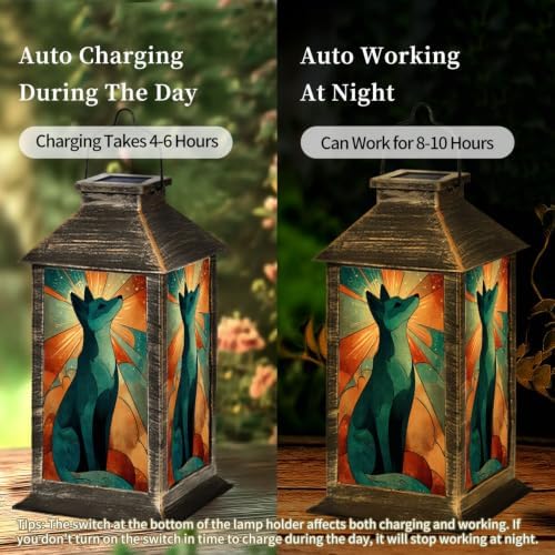 Solar Lantern Retro Fox Stained Glass Outdoor Waterproof Garden Hanging Lantern Solar Powered Lighting Outside Solar Light for Patio Yard Camping, Gifts for Women Mom - Image 4