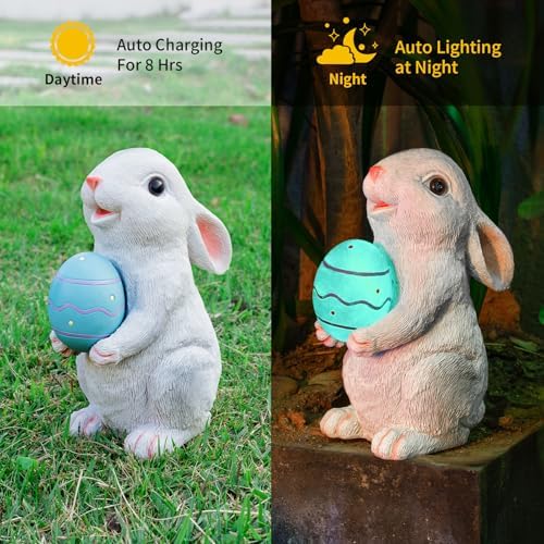 Solar Easter Rabbit Garden Statues Outdoor Easter Decorations Resin Bunny Figurine with Egg Changing LED Lights for Porch Patio Lawn Yard Gardening Gifts for Mom Grandma - Image 3