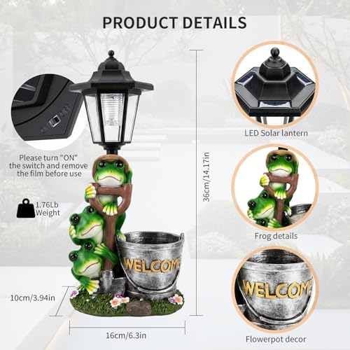 Solar Frog Garden Statue Outdoor Decor with LED Lantern & Welcome Planter - Image 2