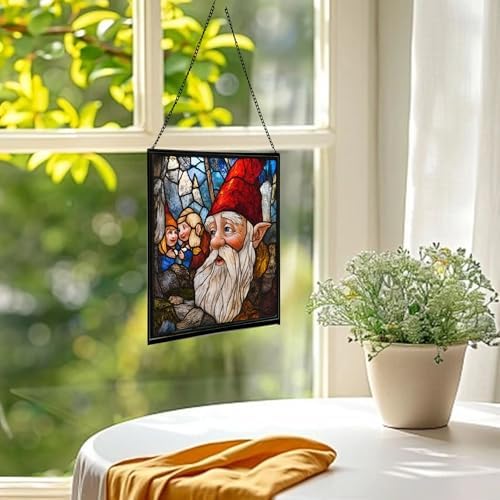 Gnome with Wisdom Sharing Stained Glass Suncatcher – Square Hanging Window Panel for Home, Garden, Nursery, Halloween, Christmas, Memorial Day – Whimsical Glass Art Gift for Gnome Lovers 19170m - Image 3