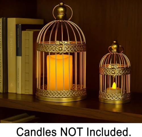 Vela Lanterns Decorative Indoor Bird Cage Candle Holder Set of 2, Gold - Image 4