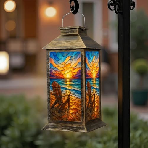 Solar Lantern Outdoor Waterproof Stained Glass Beach Scene Adirondack Chair Sunset Ocean Waves Garden Decor LED Hanging Solar Lights Tabletop Lamp Gifts for Women Mom Outside Yard Patio Porch by DERUINVAIO