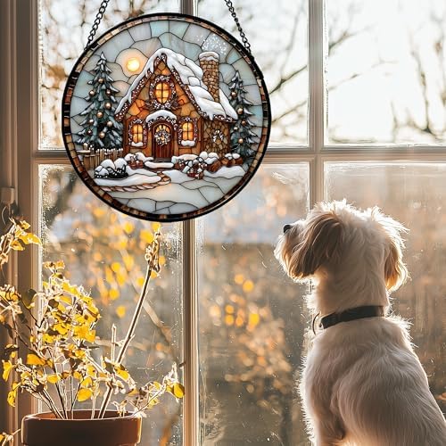Christmas Cottage Stained Glass Window Hanging Decor Gifts for Women 15" - Image 2