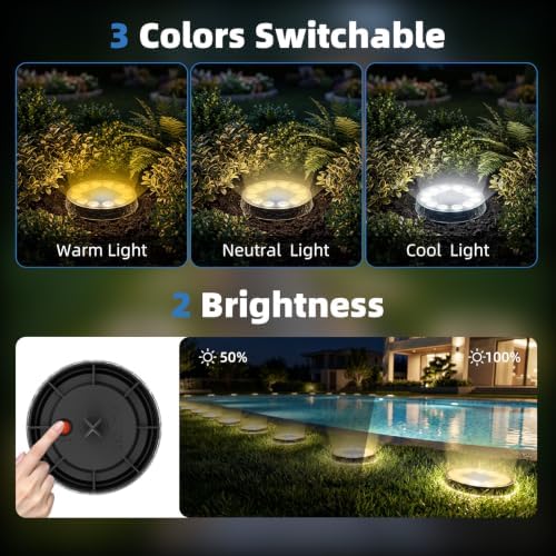 Peasur 5.18 inch Solar Ground Lights Outdoor,12LED 3CCT 2Brightness 1200mAh Battery,IP65 Waterproof and ABS One-Piece Anti-Rust Housing Garden Lights for Pathway Lawn Yard Driveway Landscape 4 Pack - Image 2