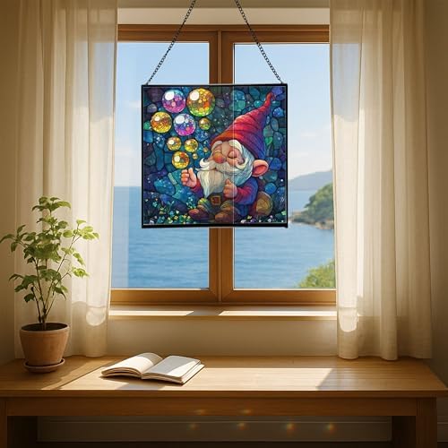 Gnome with Soap Bubbles Stained Glass Suncatcher – Square Hanging Window Panel for Home or Greenhouse – Whimsical Glass Art Gift for Garden Lovers, Christmas, Halloween, Father Days uZVOjS - Image 6