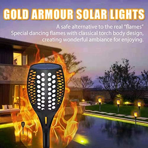 Gold Armour 2 Pack Solar Lights Upgraded - Flickering Flames Torch Solar Path Light - Dancing Flame Lighting 96 Led Dusk to Dawn Flickering Tiki Torches Outdoor Waterproof Garden - Image 3
