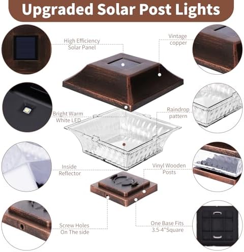SUNWIND Solar Post Cap Lights Outdoor 4x4 LED Solar Garden Lighting Deck Fence Cap Light Wooden Post Brushed Copper 4 Pack - Image 4