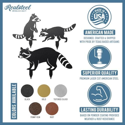 RealSteel - Garden Art Raccoon Family 3 Pack | Metal Yard Decor | Outdoor Garden Stakes | Wildlife Animal Decor | Custom Steel Art | Rust Resistant | Lawn Ornaments for Garden & Pathways (Silver) - Image 7
