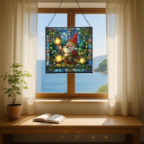 Gnome with Firefly Lanterns Stained Glass Suncatcher – Square Hanging Window Panel for Home, Garden, Nursery, Halloween, Christmas, Memorial Day – Whimsical Glass Art Gift for Gnome Lovers yb570v - Image 6