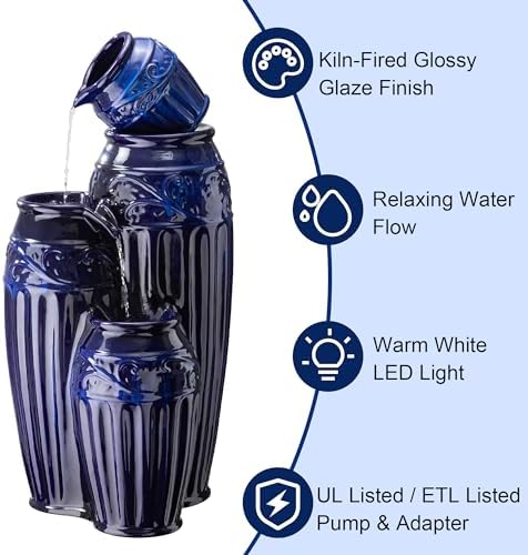 Glitzhome 35.5" H Ceramic Outdoor Water Fountain with LED Lights, Oversized 4-Tier Pots Outdoor Fountain, Cobalt Blue Glaze, Embossed Pattern, Decorative Cascading Waterfall for Garden, Patio - Image 3