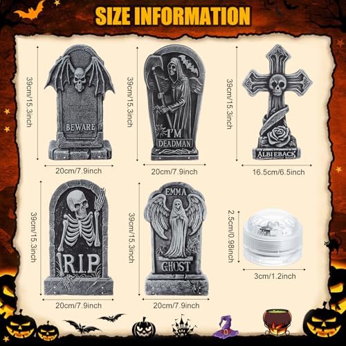 Aurelema 5 Pcs 17" Metal Halloween Tombstones with Light Decoration Outdoor - Image 2