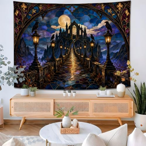 Gothic Castle Tapestry, Raven Full Moon Stained Glass Design 60x80inch - Image 6