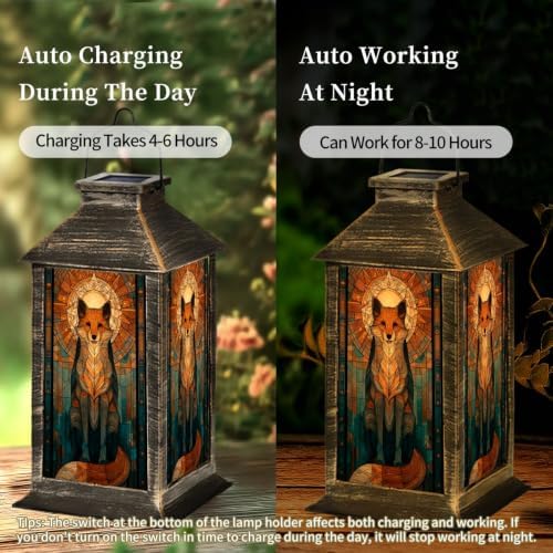 Solar Lantern Mid Century Stained Glass Fox Outdoor Waterproof Garden Hanging Lantern Solar Powered Lighting Outside Solar Light for Patio Yard Camping, Gifts for Women Mom - Image 4