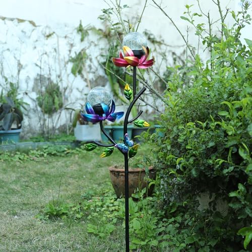 Decorative Solar Garden Light, Flower Glass Globe Stake For Lawn Yard - Image 2