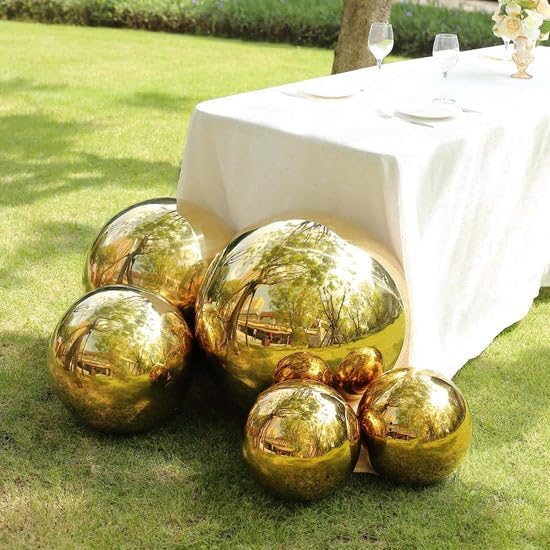Tableclothsfactory 2 Pack Gold Stainless Steel Gazing Globe Mirror Ball, Reflective Shiny Hollow Garden Spheres - 12" - Image 2