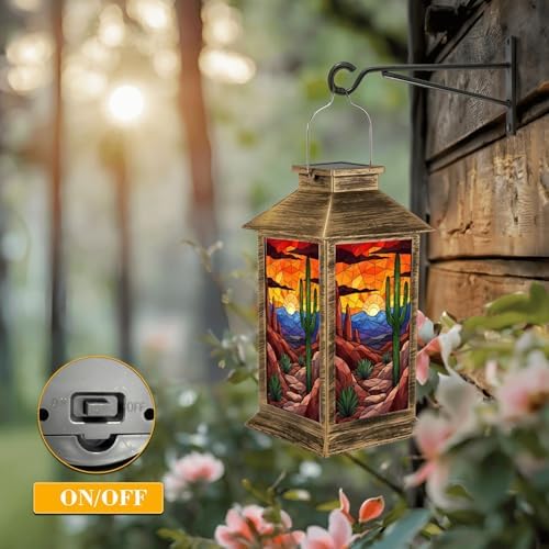 Solar Lantern Outdoor Waterproof Desert Landscape Cactus Sunset Stained Glass Style Garden Decor LED Hanging Solar Lights Tabletop Lamp Gifts for Women Mom Outside Yard Patio Porch - Image 5