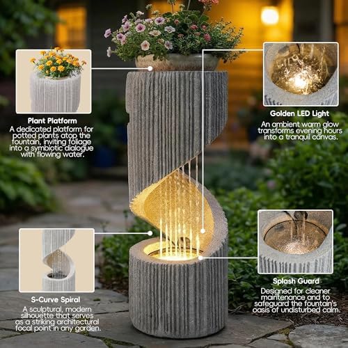Modern S-Shaped Outdoor Fountain with LED Light, 30” Tall Spiral Column Waterfall Feature with Flat Top for Plant Display, Decorative Water Fountain for Garden, Patio - Image 2