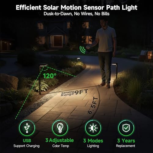 Solar Motion Sensor Pathway Lights - Warm & Daylight Selectable Path Light 3 Modes, IP65 Waterproof Black LED Garden Lighting with Remote Control for Outside Landscape Walkway (4 Pack) - Image 2
