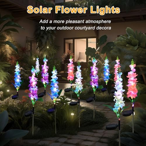 Solar Garden Lights Solar Delphinium Flowers Lights 4 Pack Waterproof Outdoor Light for Outside Wedding Party Garden Yard Patio Lawn Decor 4 Colors Combo - Image 6