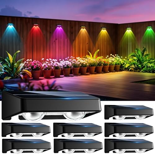 Solar Fence Lights 8 Pack 9 Colors & 11 Lighting Modes Solar Wall Lights Outdoor Waterproof IP65 RGB Color Changing Fence Lights Solar Powered for Garden Yard Patio Deck Step Patio Wall by NIBUUECER
