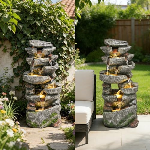 39" 7-Tier Cascading Rock Fountain - with LED Lights & Pump, Outdoor Garden Decor, Self-Contained Recirculating & Weather-Resistant (17 * 13 * 39") - Image 4